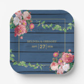 Marineblauwe Houten Roze Rozen & Gouden Huwelijk Papieren Bordje (Voorkant)