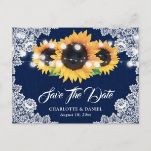 Marineblauwe jute kant zonnebloem save the date aankondigingskaart