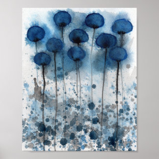 Marineblauwe klaprozen, waterverf bloemen muur poster