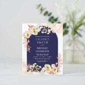 Marineblauwe koraal boho bloemige trouwkaartjes (Staand voorkant)
