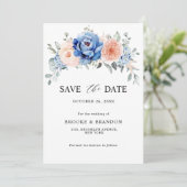 Marineblauwe Leisteen Stof Roze Roze Bloem Bruilof Save The Date (Staand voorkant)