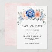 Marineblauwe Leisteen Stof Roze Roze Bloem Bruilof Save The Date (Voorkant / Achterkant)