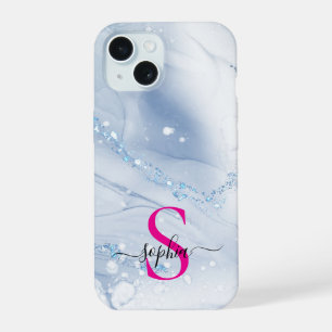 Marineblauwe marmer gouden glitters monogram iPhone 15 hoesje