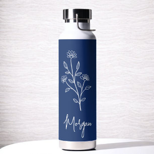 Marineblauwe Naam Bloemen Bachelorette Bruids- Waterfles