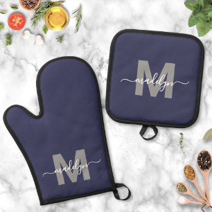 Marineblauwe naammonogramkeuken ovenwant & pannenlap set