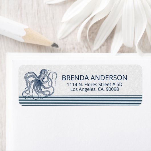 Marineblauwe octopus en strepen op wit etiket (Insitu)