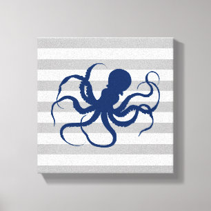 Marineblauwe Octopus Grijs en Wit Gestreepte Canvas Afdruk