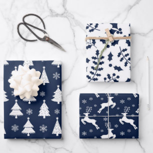 Marineblauwe Rendier, Kerstboom & Hulst Patroon Inpakpapier Vel