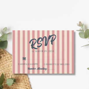 Marineblauwe Retro Roze Strepen Bruiloft RSVP Kaartje