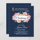 Marineblauwe roze bloem doop uitnodigingen doopfee (Voorkant / Achterkant)