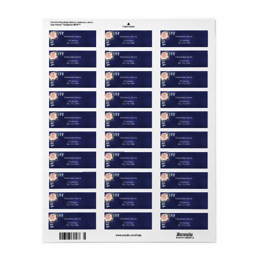 Marineblauwe roze gouden bloem terugadres etiket (Full Sheet)