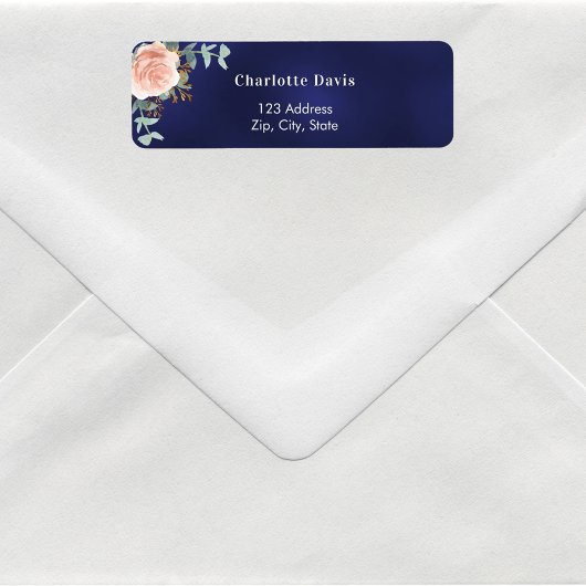 Marineblauwe roze gouden bloem terugadres etiket