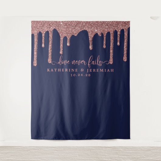 Marineblauwe roze gouden glinsterende druppels tro wandkleed (Voorkant)