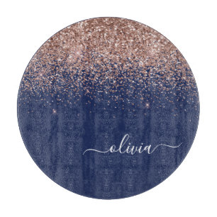 Marineblauwe Roze Gouden Glitter Monogram Snijplank