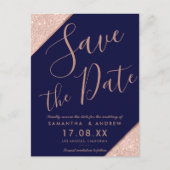 Marineblauwe roze gouden glitterscript save the da aankondigingskaart (Voorkant)