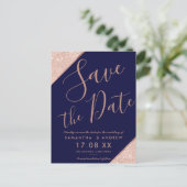 Marineblauwe roze gouden glitterscript save the da aankondigingskaart (Staand voorkant)