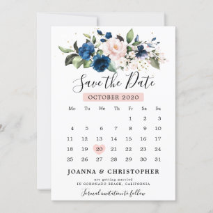 Marineblauwe Roze Roos Bloemige Kalender Save The Date
