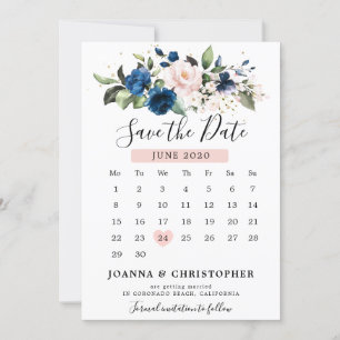 Marineblauwe Roze Roos Bloemige Kalender Save The Date