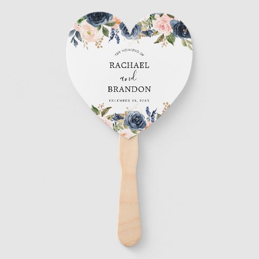 Marineblauwe Roze Roos Botanische Hart Handwaaier (Voorkant)