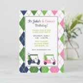 Marineblauwe & Roze Split Argyle Golf Feest Uitnod Kaart (Staand voorkant)
