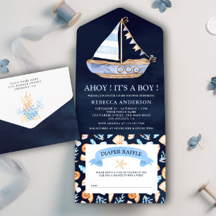 Marineblauwe Rustieke Nautilus Zeilboot Baby Borre All In One Uitnodiging