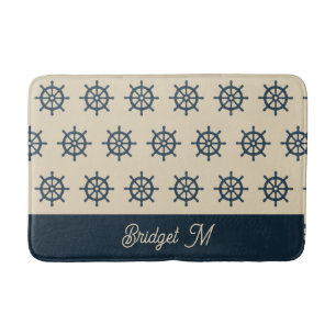 marineblauwe scheepswiel & Monogram Beige kusthuis Badmat