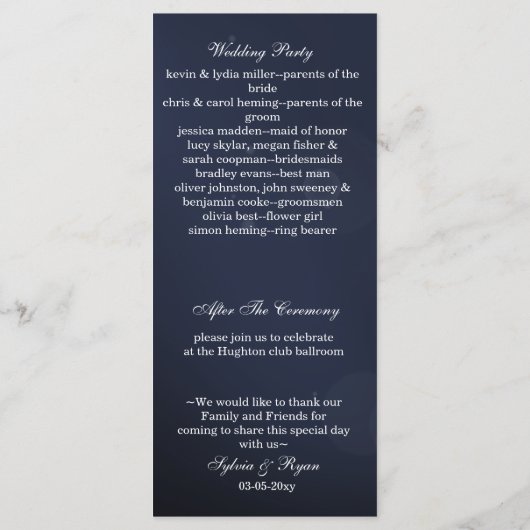 Marineblauwe sneeuwvlokken Winter bruiloft program Programma (Achterkant)