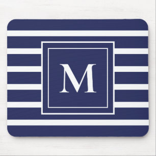 Marineblauwe Streep Moderne Monogram Kust Strand Muismat
