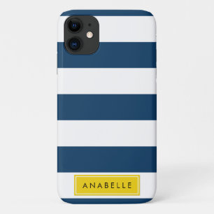 marineblauwe strepen, gestreepte patroon, Jouw naa iPhone 11 Hoesje