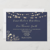 Marineblauwe String Lights Bruiloft QR Code Uitnod Kaart (Voorkant)