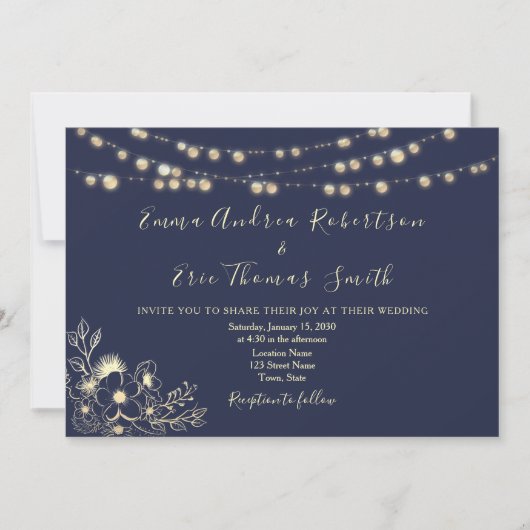 Marineblauwe String Lights Bruiloft QR Code Uitnod Kaart (Voorkant)