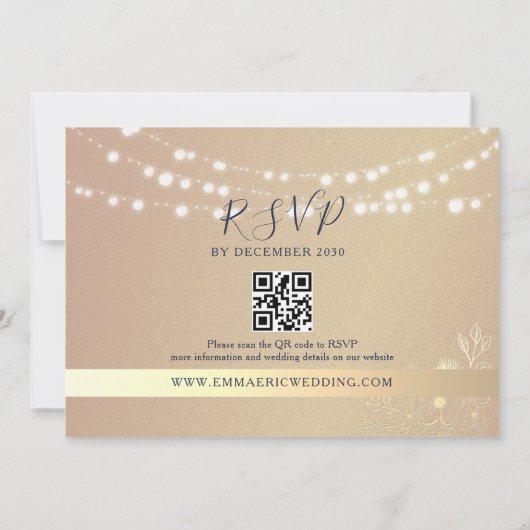 Marineblauwe String Lights Bruiloft QR Code Uitnod Kaart (Achterkant)