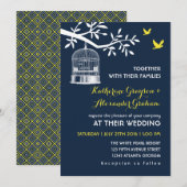 Marineblauwe vintage vogelkooi trouwuitnodiging kaart (Voorkant / Achterkant)