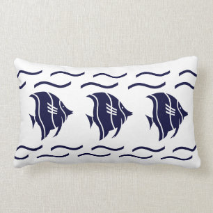 marineblauwe vis & golven op een witte KUSSENS