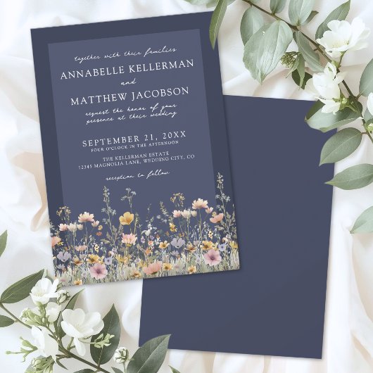 Marineblauwe Wilde Bloemen Bloemstuk Bruiloft Kaart