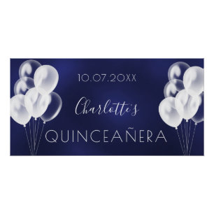 Marineblauwe witte ballonnen Quinceanera party Perfect Poster