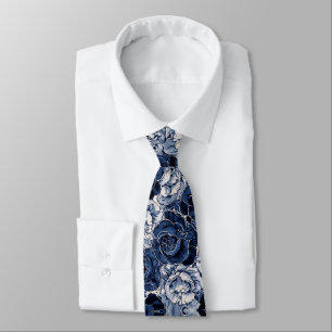 Marineblauwe Witte Cascaderende Pioenrozen Bruilof Stropdas