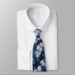 Marineblauwe Witte Cascaderende Pioenrozen Bruilof Stropdas