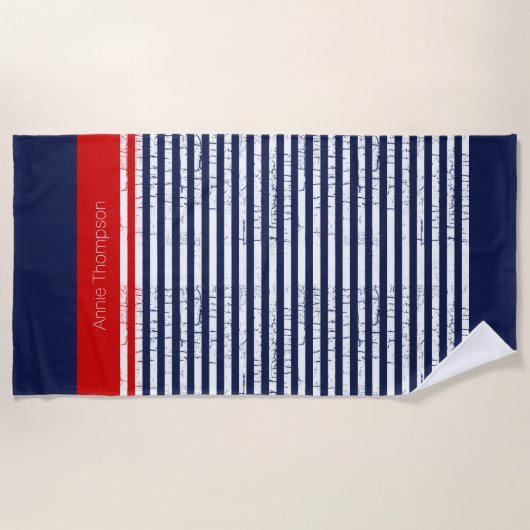 marineblauwe & witte strepen met naam strandlaken (Voorkant)