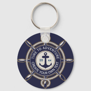 Marineblauwe Zeeanker & Scheepsstuurwiel Avontuur Sleutelhanger