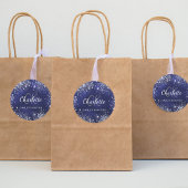 Marineblauwe zilveren glitters stof monogram naam ronde sticker