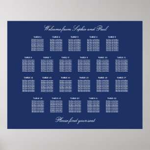 Marineblauwe zitplaats poster voor 22 tafels op de