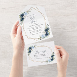 Marinebloemen, Blauwe bloemen, Groen, Baby shower All In One Uitnodiging