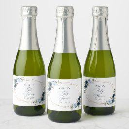 Marinebloemen, Blauwe bloemen, Groen, Baby shower Sparkling Wijnetiket