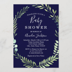 Marinegroene Aquarel Krans Jongens Baby Shower Kaart