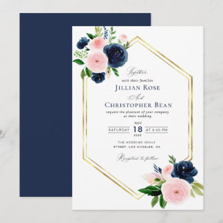 marinesblauwe en blush floral bruiloft uitnodiging