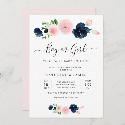 marineschok en bloesse viool onthullen uitnodiging (Voorkant / Achterkant)