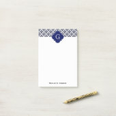  marinesonblauw wit Damask #3 marinemonogram Post-it® Notes (Op bureau)