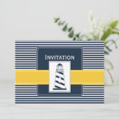 marinestrepen, vuurtoren, nautische trouwuitnodigi kaart (Staand voorkant)