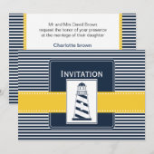 marinestrepen, vuurtoren, nautische trouwuitnodigi kaart (Voorkant / Achterkant)